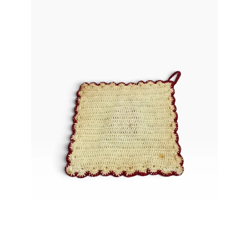 Handmade Crochet Potholder Red/Cream Vintage 3D Rose Floral Square